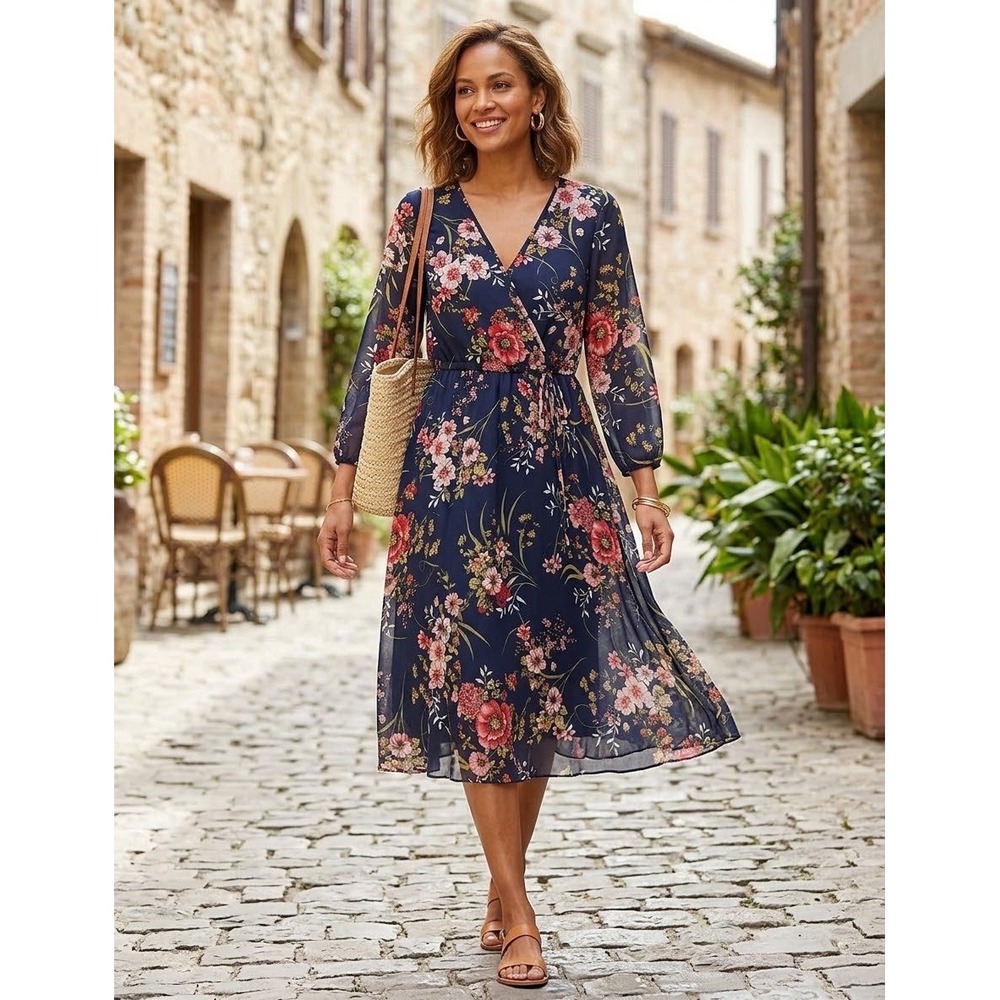 Indigo Rose Navy Blue Floral Chiffon Wrap Midi Boho Dress Chic Long Sleeve Sz M